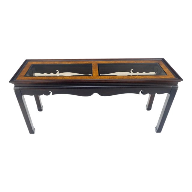 Asian Style Burlwood Top Black Lacquer Tinted Glass Rectangle Sofa Console Table For Sale