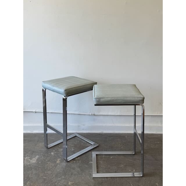 Milo Baughman Vintage Pair of Milo Baughman Style Barstools in Blue-Gray Alligator Vinyl For Sale - Image 4 of 11