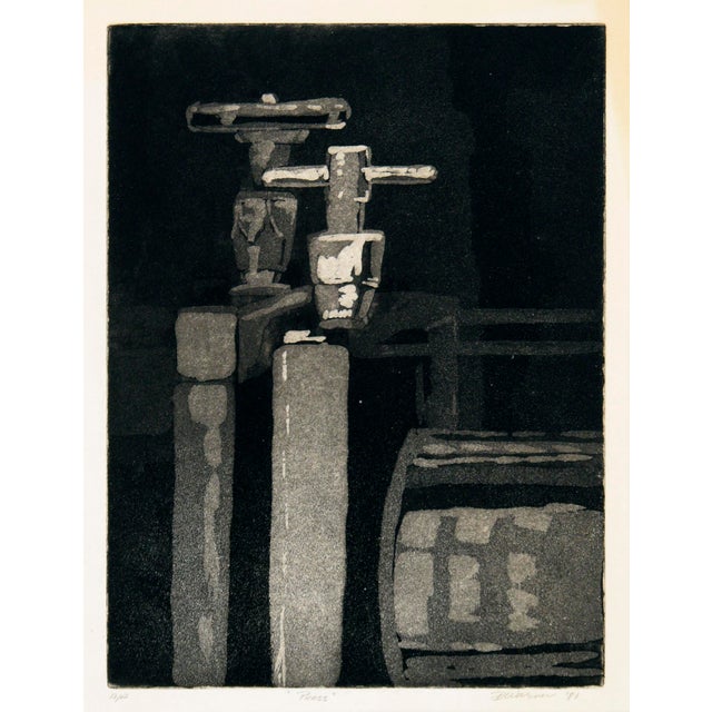Moody depiction of a press by Doris Ann Warner (American, 1925-2010). This piece is dark and saturated, giving the...
