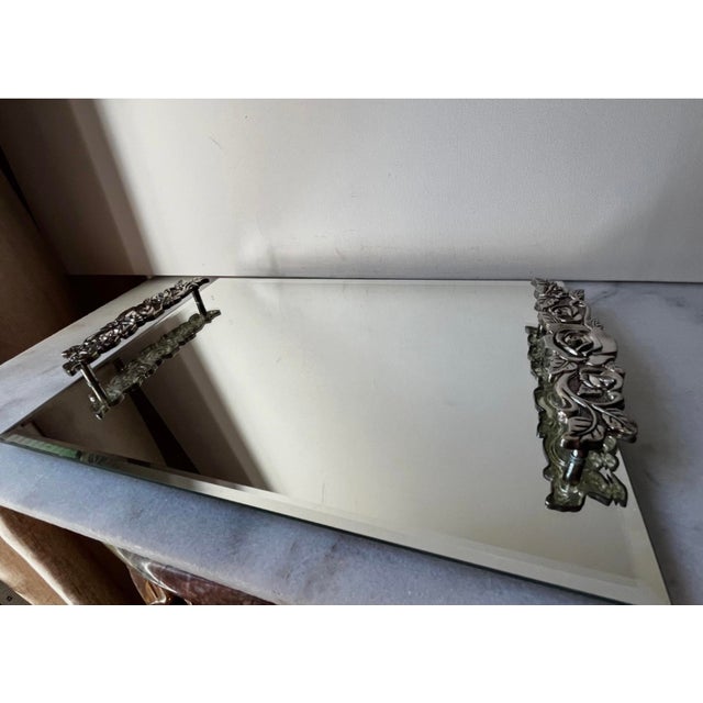 Vintage Vanity Tray Features a Beveled Mirror Surface With Detailed Floral Rose Trim on the Handles For Sale - Image 10 of 14