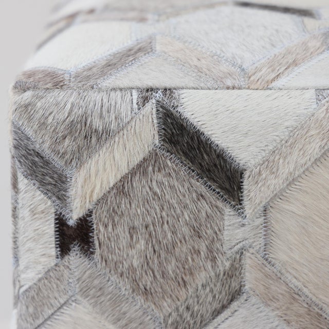 Contemporary Handmade Diamond Patchwork Cowhide Leather Ottoman Pouf 18x18x18 in Neutral For Sale - Image 3 of 5