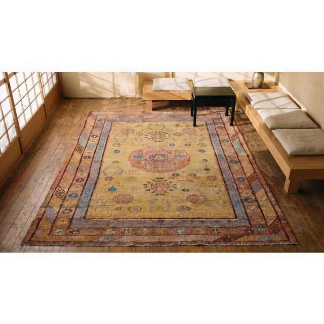 Saffron Amazing Brilliant Yellow Background Rosette and Diagonal Medallion Desing Century Chinese Khotan Rug For Sale - Image 8 of 8