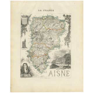 Map of Aisne France with Soissons and Champagne Vineyards by Vuillemin, 1800s For Sale