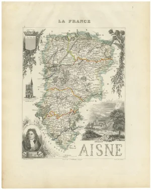 Map of Aisne France with Soissons and Champagne Vineyards by Vuillemin, 1800s