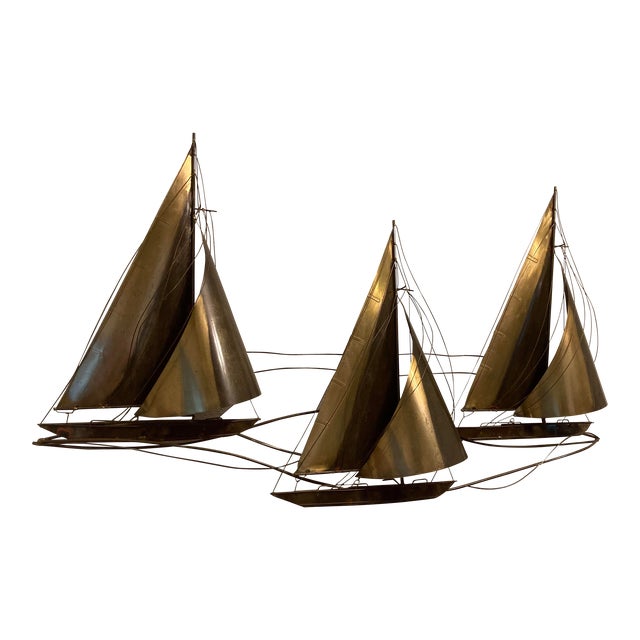1970s Mid 20th Century Brutalist Brass Sailboat Wall Art Sculpture by Curtis Jere - Signed For Sale