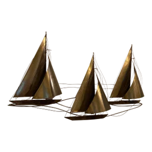 1970s Mid 20th Century Brutalist Brass Sailboat Wall Art Sculpture by Curtis Jere - Signed