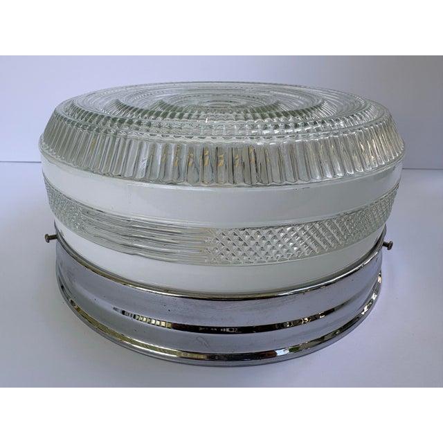 1940s Vintage 1940s Art Deco Clear & White Pressed Glass Chrome Flush Mount Ceiling Light For Sale - Image 5 of 12