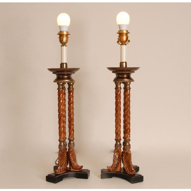 Mid-Century Modern Vintage Italian Neoclassical Column Lamps in Turned Burl Wood, 1980s, Set of 2 For Sale - Image 3 of 9