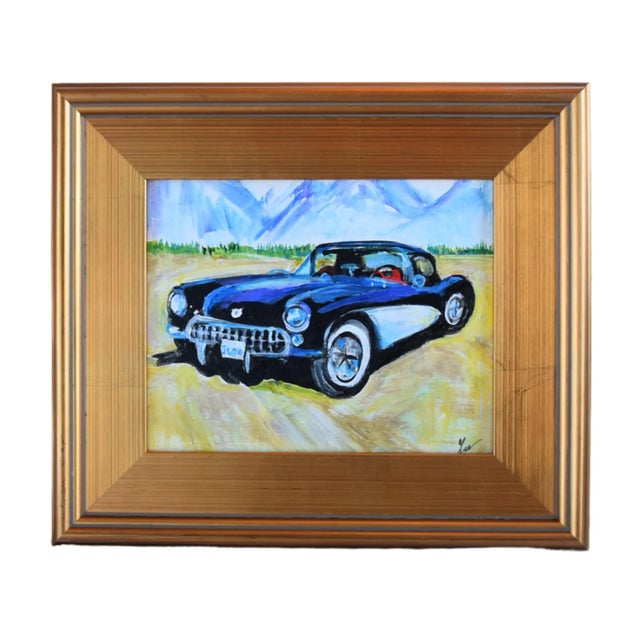 Blue Original Artist Signed Classic 1957 Chevy Corvette Car Painting W/ Gold Frame For Sale - Image 8 of 8