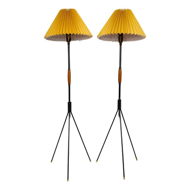 Danish Brass and Teak Tripod Floor Lamps attributed to Svend Aage Holm Sørensen, 1950s, Set of 2 For Sale