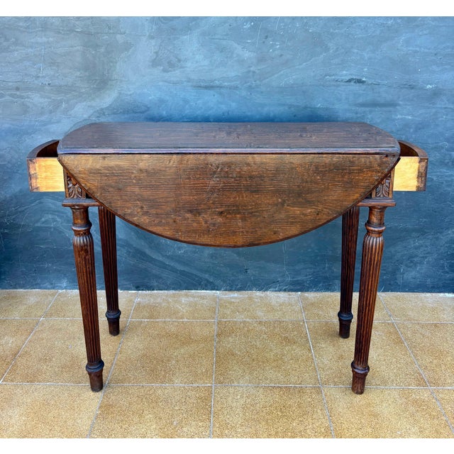 1930s Spanish Neoclassical Oak Drop-Leaf Table with Drawer, Early 20th Century For Sale - Image 5 of 13