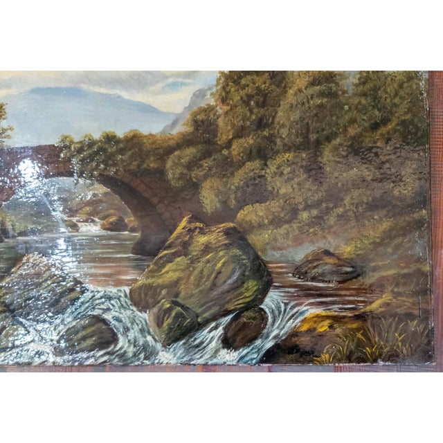 19th Century English Folk Art Landscape Painting of a Bridge Over a Stream For Sale - Image 4 of 11