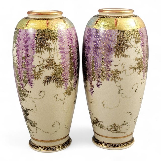 A delicately matched pair of signed Kyoto Satsuma vases, painted by Tagawa (田川) around 1900–1915. Exemplifying refined...
