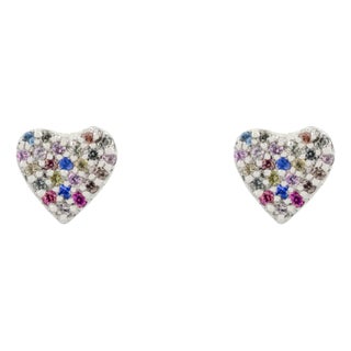 Rainbow Multi Sapphire Heart Stud Earrings in 14k White Gold 2 Pieces For Sale