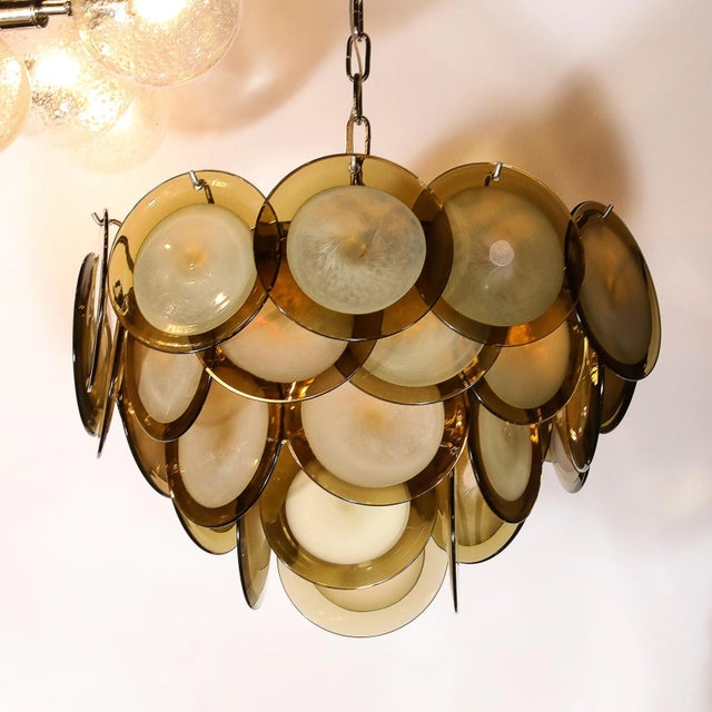 Modernist Four Tier Smoked Topaz Disc Murano Glass Chandelier W/ Chrome Fittings For Sale - Image 10 of 12