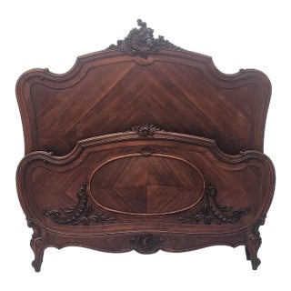 Antique French Louis XV Walnut Bed – Rococo Carved Queen Adaptable Circa 1900s For Sale