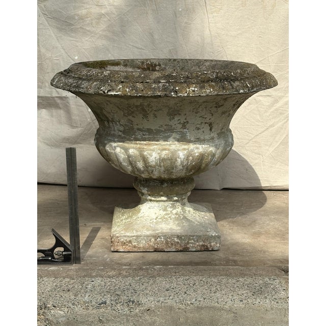 Stone Cast Stone Campana Garden Urn With Moss Patina — Mid Century For Sale - Image 7 of 7