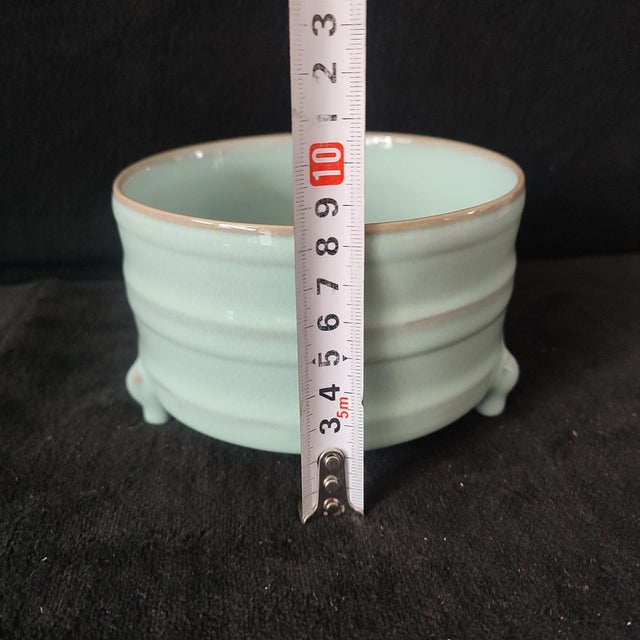 White Chinese Ceramic Censer,Ru Ware Celadon Glaze Porcelain Censer Hand Painted String Pattern For Sale - Image 8 of 9