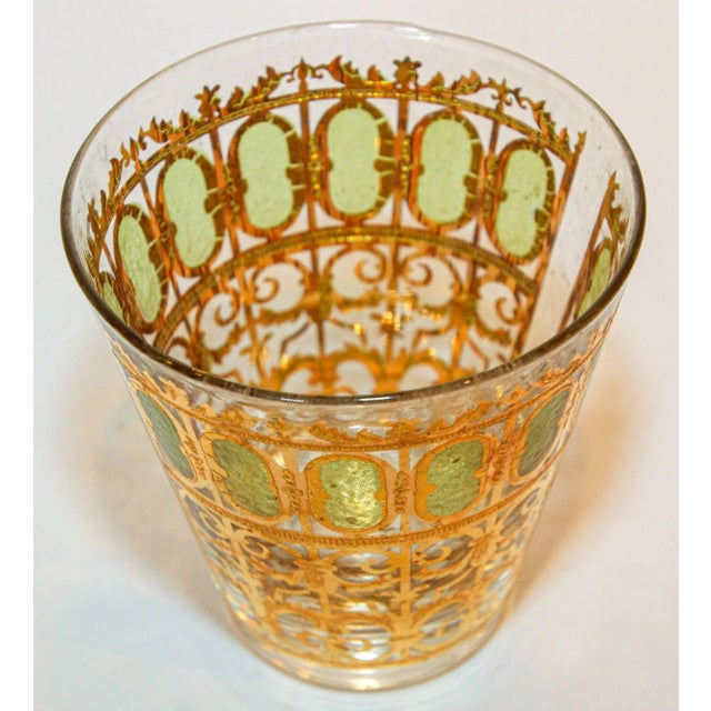 Mid-Century Culver Ltd Gold and Teal Green Vintage Rocks Single Glass With 22-Karat Gold Accents and Arched Window...