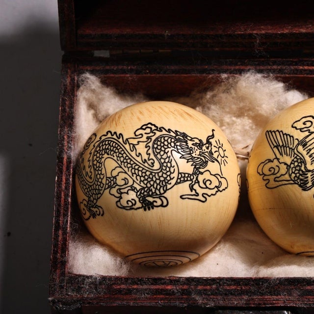 Cream Carved Dragon and Phoenix Baoding Balls With Wooden Box For Sale - Image 8 of 8