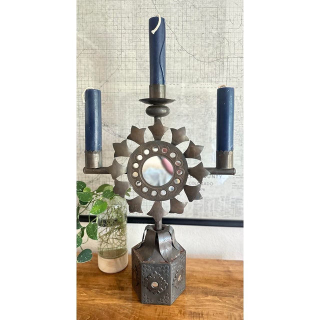 Mid-Century Mexican Tin Candelabra With Sunburst Mirror & Embossed Details For Sale - Image 12 of 12