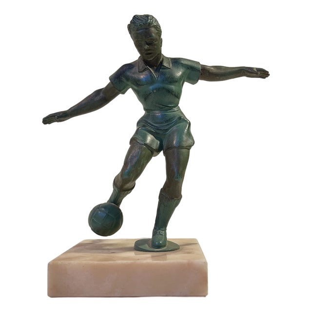Art Deco Style Soccer or Football Player in Bronzed Metal and Marble, 1940s For Sale