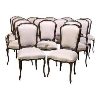 French Louis XV Style Dark Walnut Upholstered Dining Chairs - Set of 14 For Sale