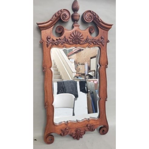 Late 20th Century Vintage Queen Anne Style Carved Wood Beveled Wall Mirror For Sale - Image 5 of 5