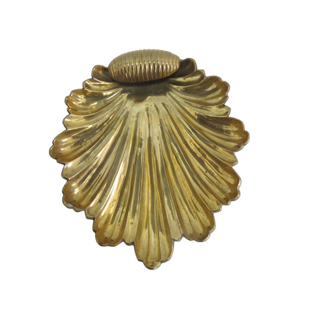 Pair of vintage 1970s Italian Raymor style handcrafted solid brass seashell catch all bowls or trays with mini seashell...