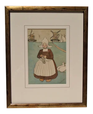 Early 20th Century "The Little Dutch Goose Girl" Figurative Watercolor Painting, Framed