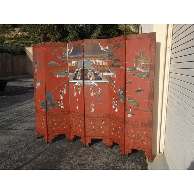 Antique Oriental Asian Red Coromandel Six Panel Folding Screen Palace Scene For Sale - Image 4 of 18