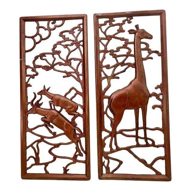 Mid-Century Modern Metal Giraffe and Antelope Wall Art Sculpture Pair For Sale