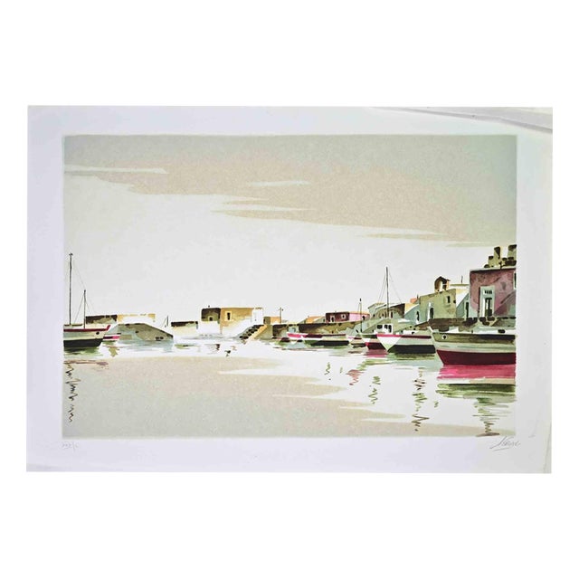 Lino Casadei, The Harbour, 1980s, Lithograph & Linen For Sale