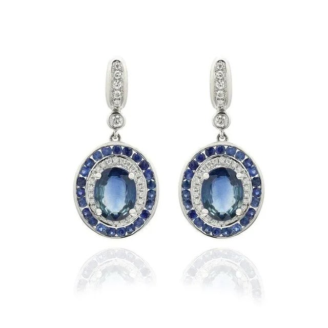 Modern 5.61Ct Deep Blue Sapphire Art Deco Earrings in 14k Solid Gold With Diamonds- A Pair For Sale - Image 3 of 7