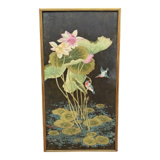 Original Robert Crowder Chinoiserie Painting of Birds & Lotus Flowers 1 of 2 For Sale