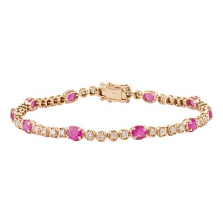 Early 20th Century 3.1ct Ruby & Natural Diamond 14k Gold Tennis Bracelet For Sale