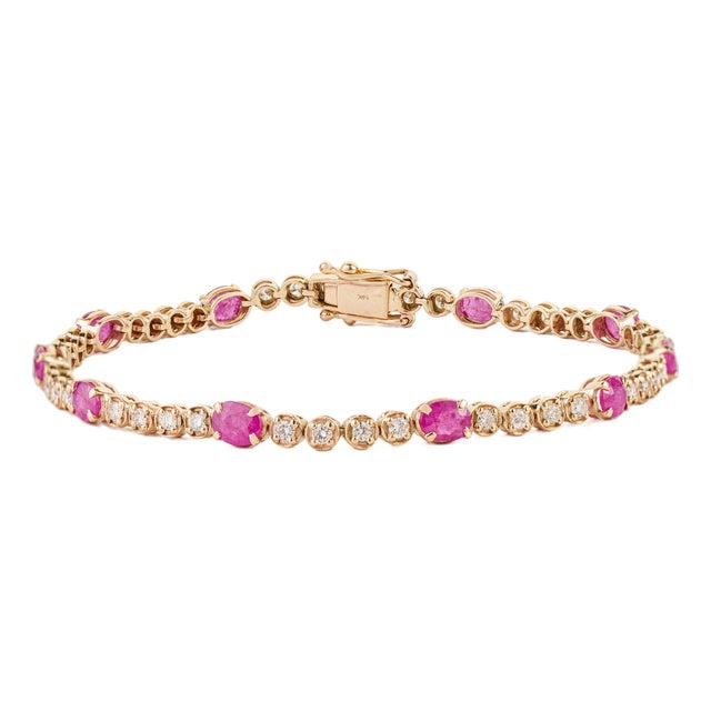 Early 20th Century 3.1ct Ruby & Natural Diamond 14k Gold Tennis Bracelet For Sale