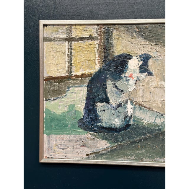 Original vintage scandinavian oil on canvas – “the cat in the window” by stig rosell – signed – framed – 67 × 49 cm (26.4"...