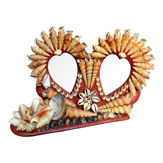 Vintage 1950s Morro Bay Sailors Valentine Double Shellwork Heart Frame For Sale