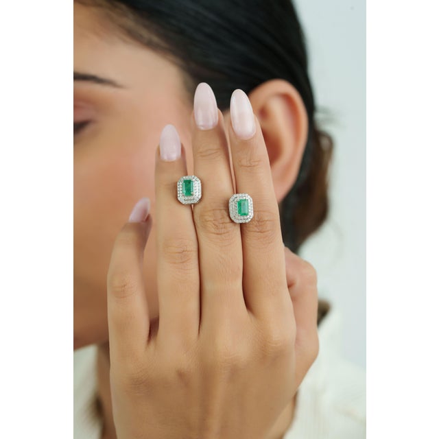 1.3Ct Emerald and Diamond Double Halo Stud Earrings in 14k Gold- A Pair For Sale - Image 11 of 16