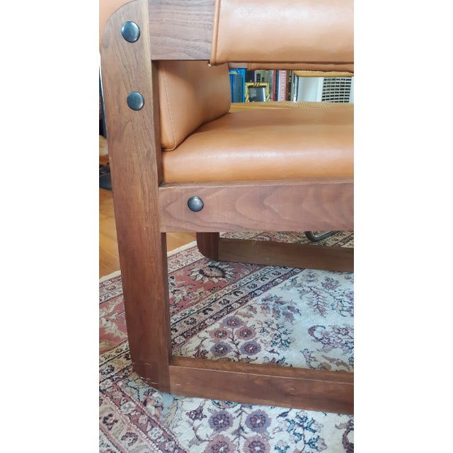 1970s Vintage Solid Wood Library Armchair With Dark Honey Brown Vinyl For Sale - Image 5 of 11