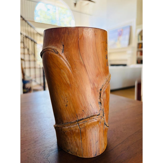 Antique Chinese Carved Bamboo Brush Pot Bitong Qing Dynasty Scholar Landscape 6.5" For Sale - Image 4 of 14