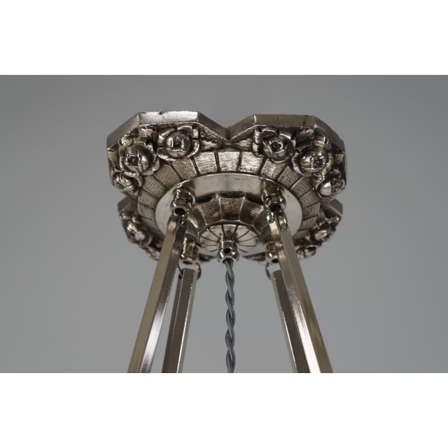 Metal Muller Freres French Art Deco Pendant Chandelier Circa 1930 - Frosted Glass & Nickeled Bronze For Sale - Image 7 of 14
