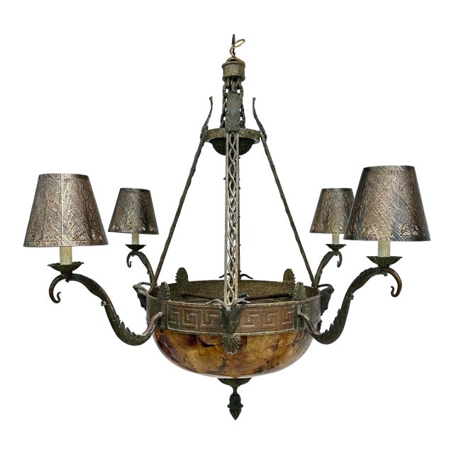 1990s Maitland-Smith Penn Shell Bronze Chandelier W/Rams Heads For Sale