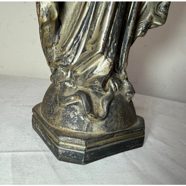 Metal Tall Antique Silver Plate Metal Religious Saint Virgin Mary Statue Sculpture For Sale - Image 7 of 13