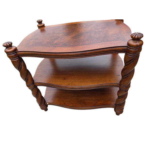 1990s Thomasville British Gentry End Table Burlwood Top End Table 3 Tier Barley Twist For Sale - Image 10 of 11