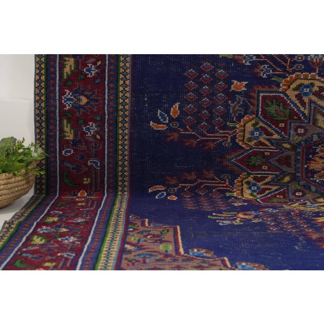 1970s Vintage Turkish Handmade Wool Cotton Blue Area Rug For Sale - Image 4 of 12