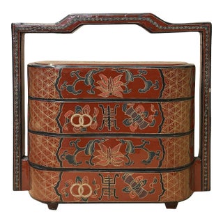 Chinese Brick Red Lacquer Color Treasure Graphic Stack Box Basket For Sale