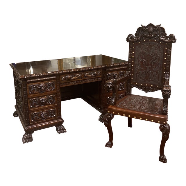 Mahogany Antique Carved Desk & Chair Chairish