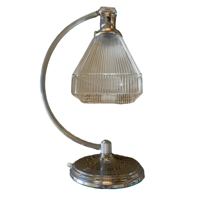 Metal 1930s Original Chrome Plated Art Deco Table Lamp With Square Ribbed Holophane Shade For Sale - Image 7 of 7